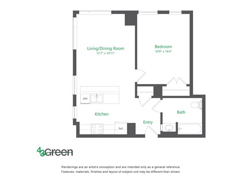 Floor plan for 1 bed, 1 bath, 743 sqft